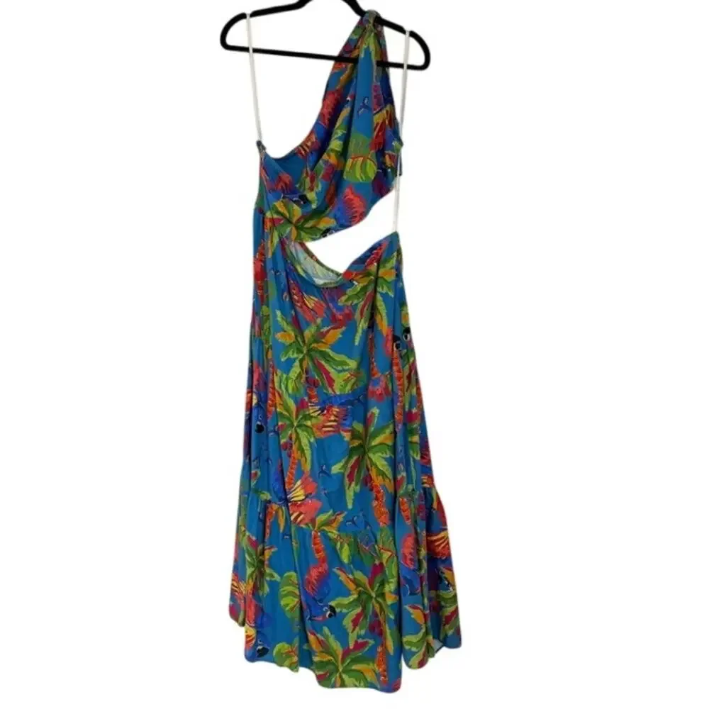Farm Rio Sunny Day Maxi Dress One-Shoulder Cutout Tropical Linen Blend Size XL - Picture 2 of 14
